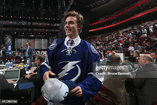 Brayden Point meets his team after being drafted by the Tampa Bay Lightning on Day Two of the 2014 NHL Draft at the Wells Fargo Center on June 28,...