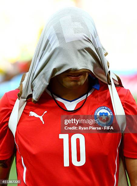 Jorge Valdivia of Chile reacts after the defeat in the 2014 FIFA World Cup Brazil Round of 16 match between Brazil and Chile at Estadio Mineirao on...