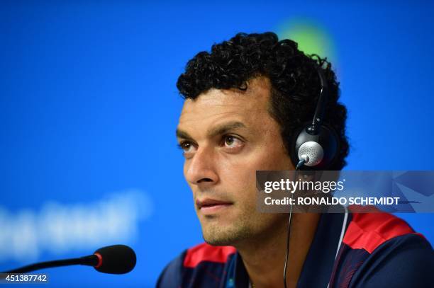 Costa Rica's midfielder Michael Barrantes attends a press conference at the Pernambuco Arena in Recife on June 28 during the 2014 FIFA World Cup...