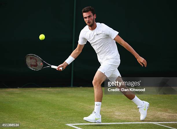 Quentin Halys of France during his Boy's Singles first round match against Petros Chrysochos of Cyprus on day six of the Wimbledon Lawn Tennis...