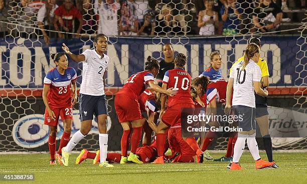 Wendi Renard of France protests to the officials after the United States scores a goal during a women's international friendly match between France...