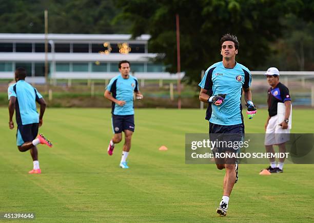 Costa Rica's forward and captain Bryan Ruiz warms during a training session at the Wilson Campos training center in Recife on June 28 during the 2014...