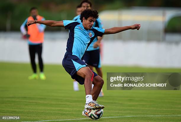 Costa Rica's midfielder Yeltsin Tejeda controls the ball during a training session at the Wilson Campos training center in Recife on June 28 during...