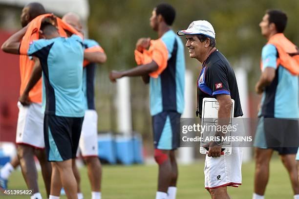 Costa Rica's Colombian coach Jorge Luis Pinto attends a training session at the Wilson Campos training center in Recife on June 28 a day before their...
