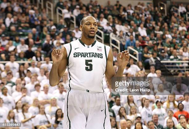 Adreian Payne of the Michigan State Spartans looks down the court during the second half of the game against the Columbia Lions during the second...