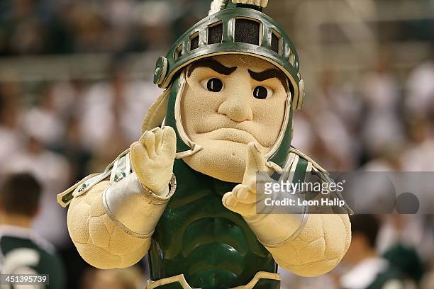 Michigan State Spartans mascot Sparty performs during the game against the Columbia Lions at the Breslin Center on November 15, 2013 in East Lansing,...