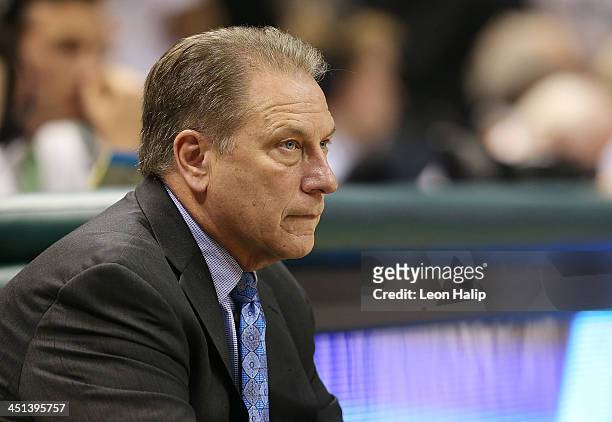 Head coach Tom Izzo of the Michigan State Spartans shouts out instructions during the game against the Columbia Lions at the Breslin Center on...