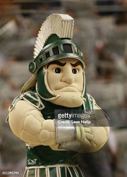 Michigan State Spartans mascot Sparty performs during the game against the Columbia Lions at the Breslin Center on November 15, 2013 in East Lansing,...