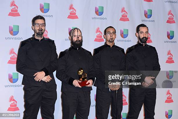 Recording artists Daniel De Sousa, Rafael Perez, Henry D'Arthenay, and Sebastian Ayala of La Vida Boheme pose backstage during The 14th Annual Latin...