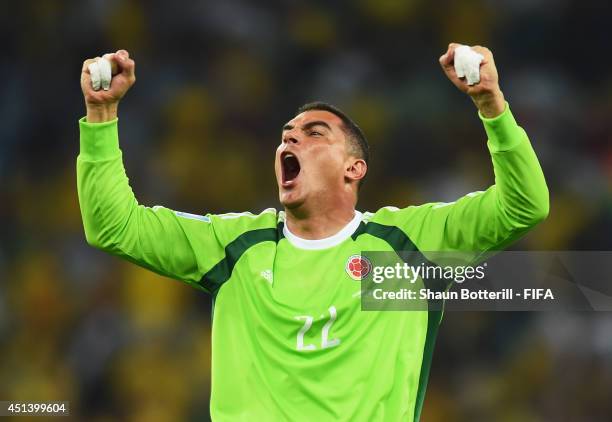 David Ospina of Colombia celeberates the 2-0 win after the 2014 FIFA World Cup Brazil Round of 16 match between Colombia and Uruguay at Maracana on...