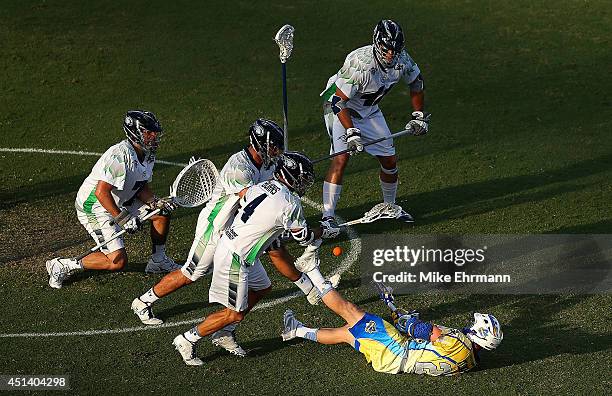 Reid Acton of the Florida Launch takes a shot on goal during a game against the Chesapeake Bayhawks at FAU Stadium on June 28, 2014 in Boca Raton,...