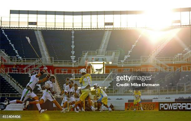 Casey Powell of the Florida Launch takes a shot on goal during a game against the Chesapeake Bayhawks at FAU Stadium on June 28, 2014 in Boca Raton,...