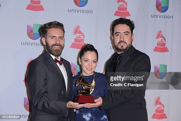 Natalia Lafourcade , who won Best Alternative Music Album, poses in the press room with video director Juan Luis Covarrubias and video producer...