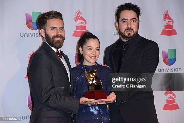 Natalia Lafourcade , who won Best Alternative Music Album, poses in the press room with video director Juan Luis Covarrubias and video producer...