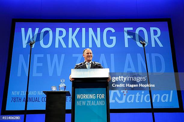 Prime Minister John Key delivers a speech during the National Party Annual Conference at Michael Fowler Centre on June 29, 2014 in Wellington, New...