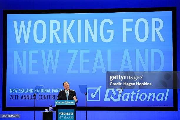 Prime Minister John Key delivers a speech during the National Party Annual Conference at Michael Fowler Centre on June 29, 2014 in Wellington, New...