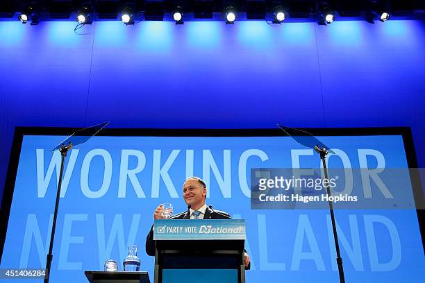 Prime Minister John Key delivers a speech during the National Party Annual Conference at Michael Fowler Centre on June 29, 2014 in Wellington, New...
