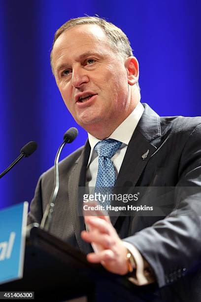 Prime Minister John Key delivers a speech during the National Party Annual Conference at Michael Fowler Centre on June 29, 2014 in Wellington, New...