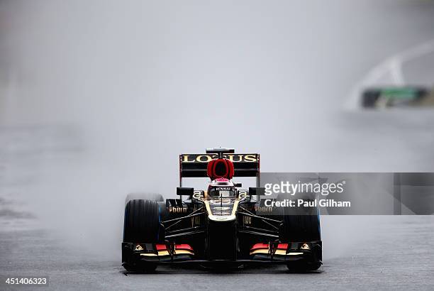 Heikki Kovalainen of Finland and Lotus drives during practice for the Brazilian Formula One Grand Prix at Autodromo Jose Carlos Pace on November 22,...