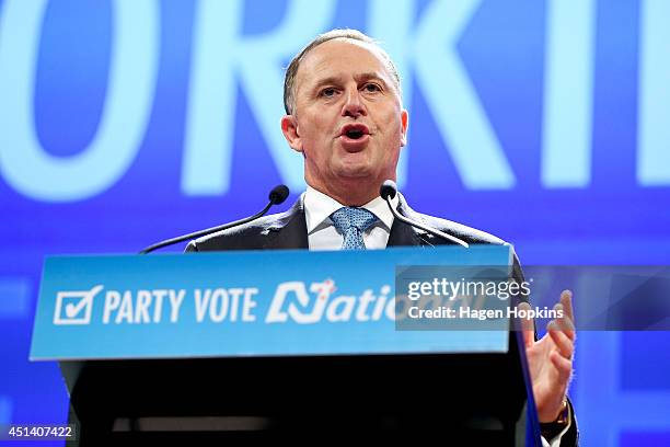 Prime Minister John Key delivers a speech during the National Party Annual Conference at Michael Fowler Centre on June 29, 2014 in Wellington, New...