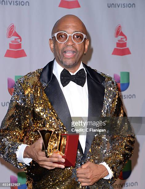 Salsa Legend Sergio George poses backstage during the 14th Annual Latin GRAMMY Awards at Mandalay Bay Events Center on November 21, 2013 in Las...