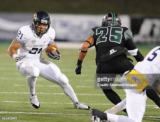Running back Anthony Meray of the Kent State Golden Flashes runs the football during a game against the Ohio Bobcats at Peden Stadium in Athens,...