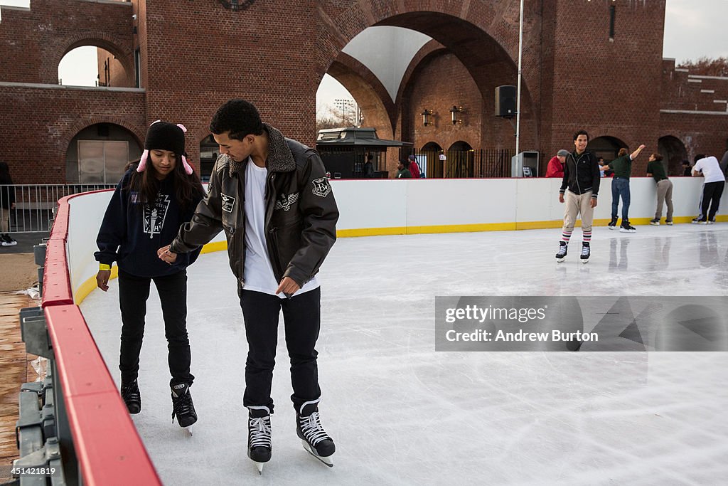 As Weather Turns Colder, People Enjoy Ice Skating Rink In Brooklyn