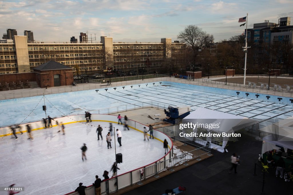 As Weather Turns Colder, People Enjoy Ice Skating Rink In Brooklyn
