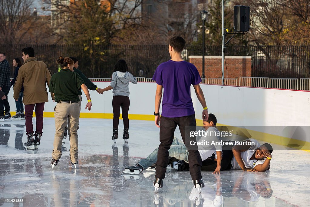 As Weather Turns Colder, People Enjoy Ice Skating Rink In Brooklyn