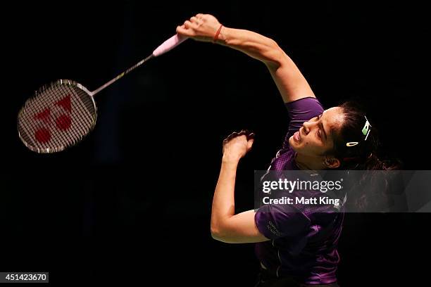 Saina Nehwal of India competes in the Womens Singles Final against Carolina Marin of Spain during the Australian Badminton Open at Sydney Olympic...