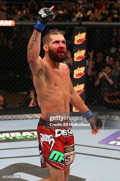 Jeremy Stephens reacts after his featherweight bout at the AT&T Center on June 28, 2014 in San Antonio, Texas.