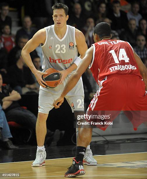 Casey Jacobsen, #23 of Brose Baskets Bamberg in action during the 2013-2014 Turkish Airlines Euroleague Regular Season Date 6 game between Strasbourg...