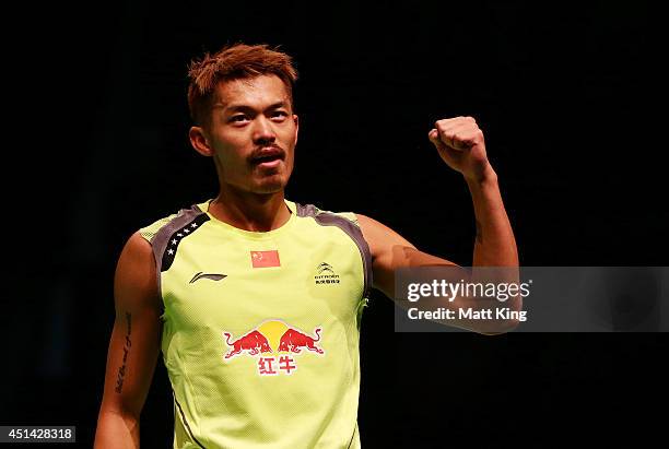 Lin Dan of China celebrates winning the Mens Singles Final against Simon Santoso of Indonesia during the Australian Badminton Open at Sydney Olympic...