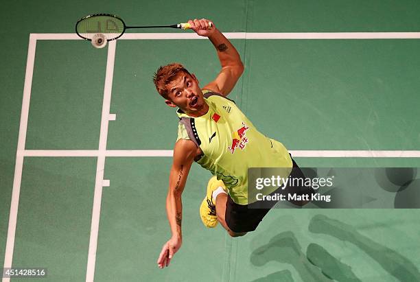 Lin Dan of China competes in the Mens Singles Final against Simon Santoso of Indonesia during the Australian Badminton Open at Sydney Olympic Park...