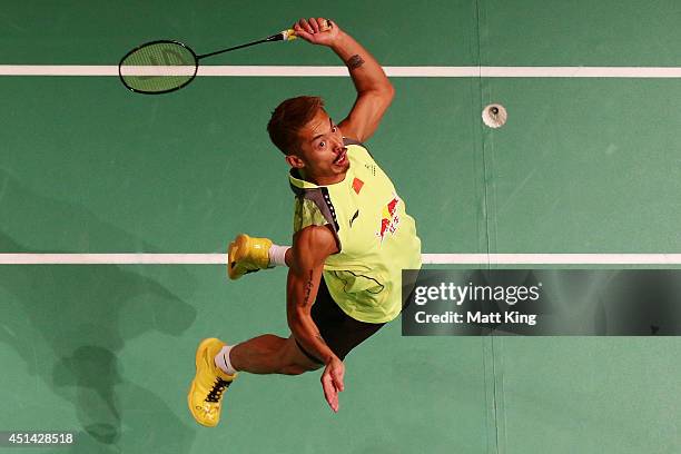 Lin Dan of China competes in the Mens Singles Final against Simon Santoso of Indonesia during the Australian Badminton Open at Sydney Olympic Park...