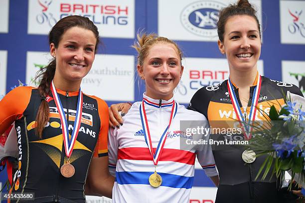 Third placed Lizzie Armitstead, winner Laura Trott and second placed Dani King poswe on the podium after the Elite Women British National road race...