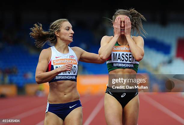 Kelly Massey reacts after winning the Women's 400m Final with Emily Diamond during day three of the Sainsbury's British Championships at Birmingham...