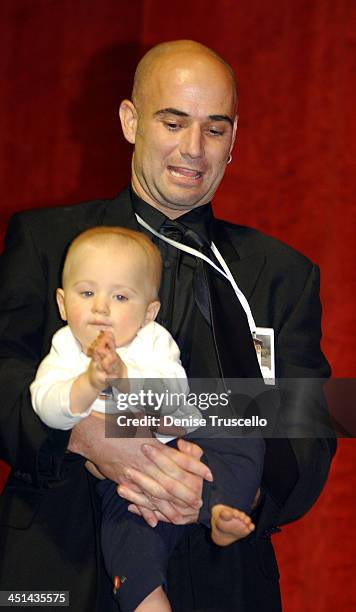 Andre Agassi and son Jaden Gil during The Andre Agassi Charitable Foundation's 7th Grand Slam for Children Fundraiser - Auction at The MGM Grand...