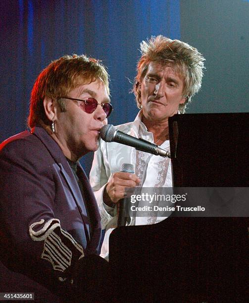 Sir Elton John and Rod Stewart during The Andre Agassi Charitable Foundation's 7th Grand Slam for Children Fundraiser - Show at The MGM Grand Hotel...