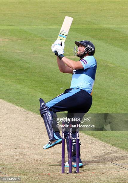 Wes Durston of Derbyshirwe Falcons hits a six during The Natwest T20 Blast match between Durham Jets and Derbyshire Falcons at The Emirates Durham...
