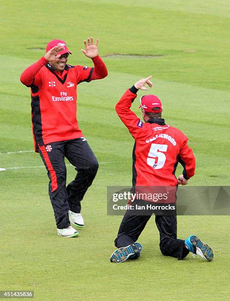 Gareth Breese of Durham Jets celebrates with Paul Collingwood after Collingwood took a catch to dismiss Garteth Cross during The Natwest T20 Blast...