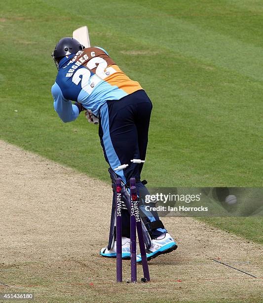 Chesney Hughes of Derbyshire Falcons is cleanbowled by John Hastings during The Natwest T20 Blast match between Durham Jets and Derbyshire Falcons at...