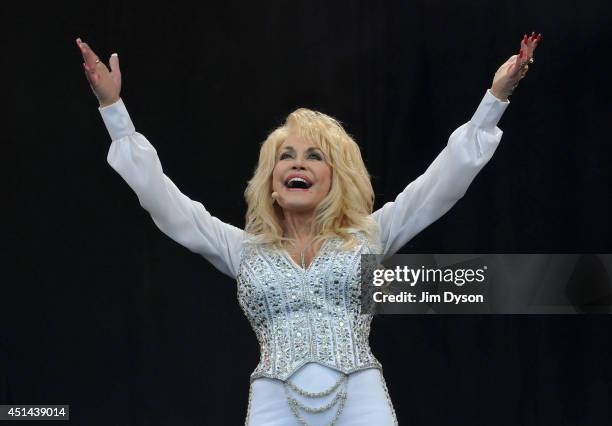 Dolly Parton performs on the Pyramid stage during day three of the Glastonbury Festival at Worthy Farm in Pilton on June 29, 2014 in Glastonbury,...