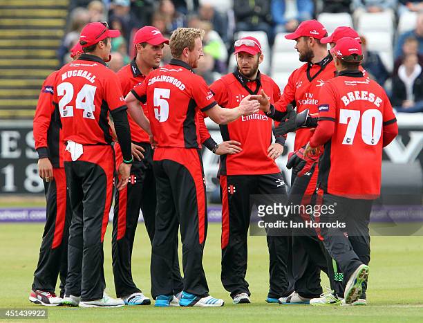 Paul Collingwood of Durham celebrates taking the wicket of Tony Palladino of Derbyshire Falcons during The Natwest T20 Blast match between Durham...