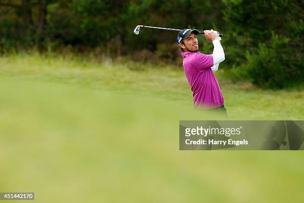 Jamie Elson of England hits off the fairway on day four of the 2014 Scottish Hydro Challenge hosted by Macdonald Hotels & Resorts at Spey Valley Golf...