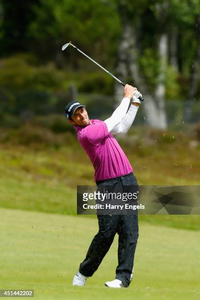 Jamie Elson of England hits off the fairway on day four of the 2014 Scottish Hydro Challenge hosted by Macdonald Hotels & Resorts at Spey Valley Golf...