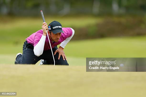 Jamie Elson of England lines up a putt on day four of the 2014 Scottish Hydro Challenge hosted by Macdonald Hotels & Resorts at Spey Valley Golf...