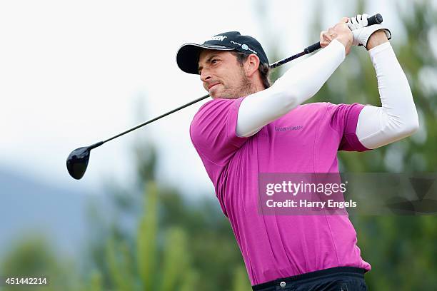 Jamie Elson of England tees off at the eighth on day four of the 2014 Scottish Hydro Challenge hosted by Macdonald Hotels & Resorts at Spey Valley...