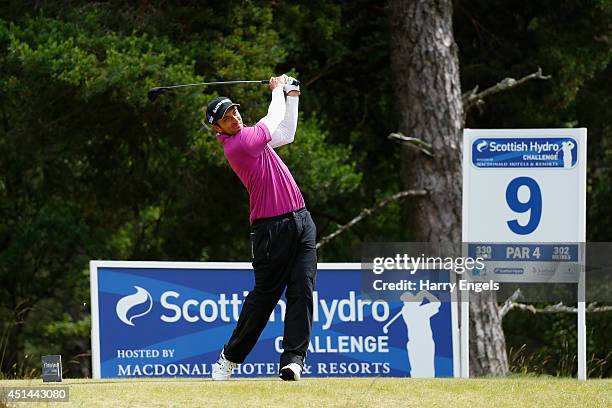 Jamie Elson of England tees off at the ninth on day four of the 2014 Scottish Hydro Challenge hosted by Macdonald Hotels & Resorts at Spey Valley...