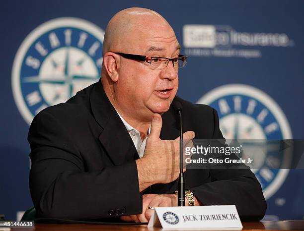 Seattle Mariners' GM Jack Zduriencik speaks to the media during a press conference announcing the signing of first-round draft pick Alex Jackson...